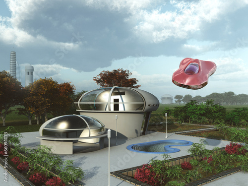 Casa suburbana futurista y coche aéreo photo