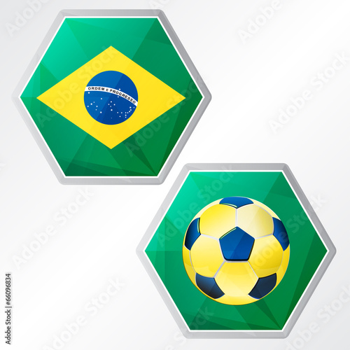 Brazilian flag and soccer ball  two colors hexagons labels