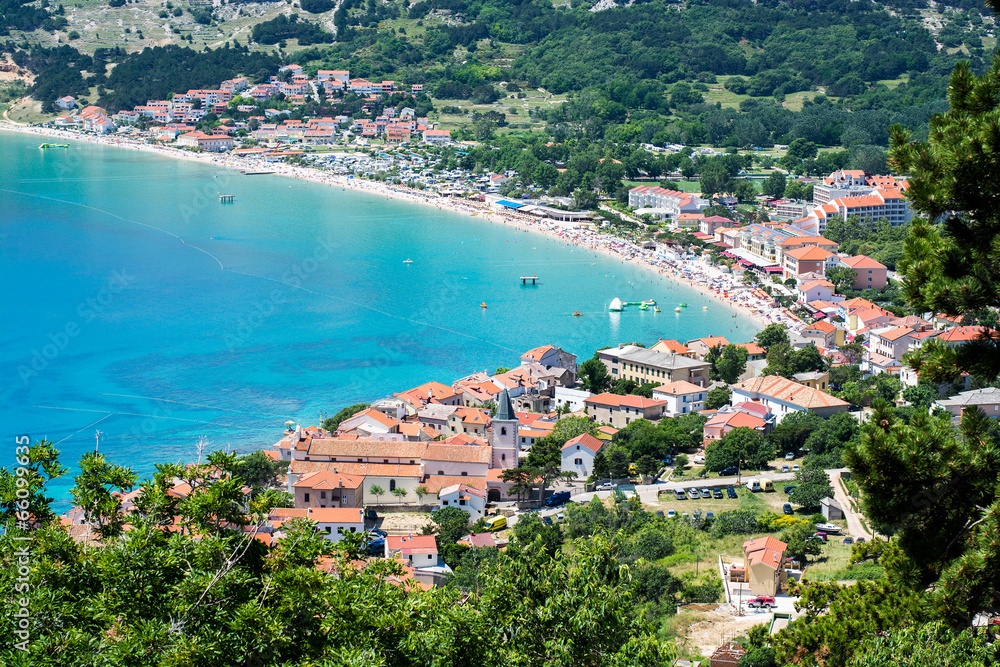 Adriatic town of Baska aerial view, Island of Krk, Croatia