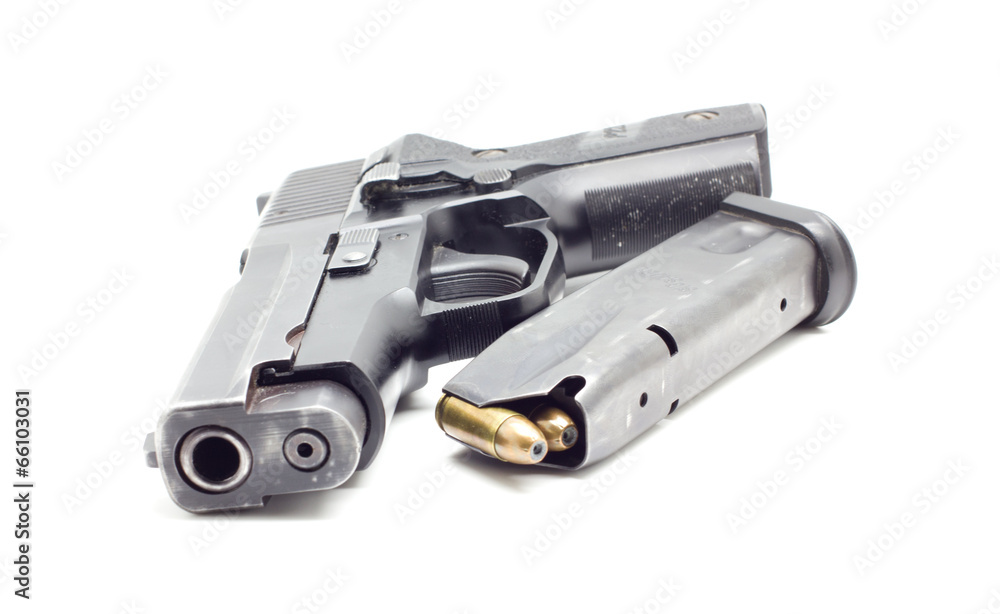 pistol with ammo ,white background pistol with ammo ,white background