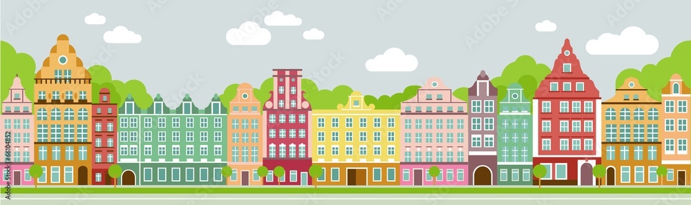 Seamless colorful panoramic town in european style