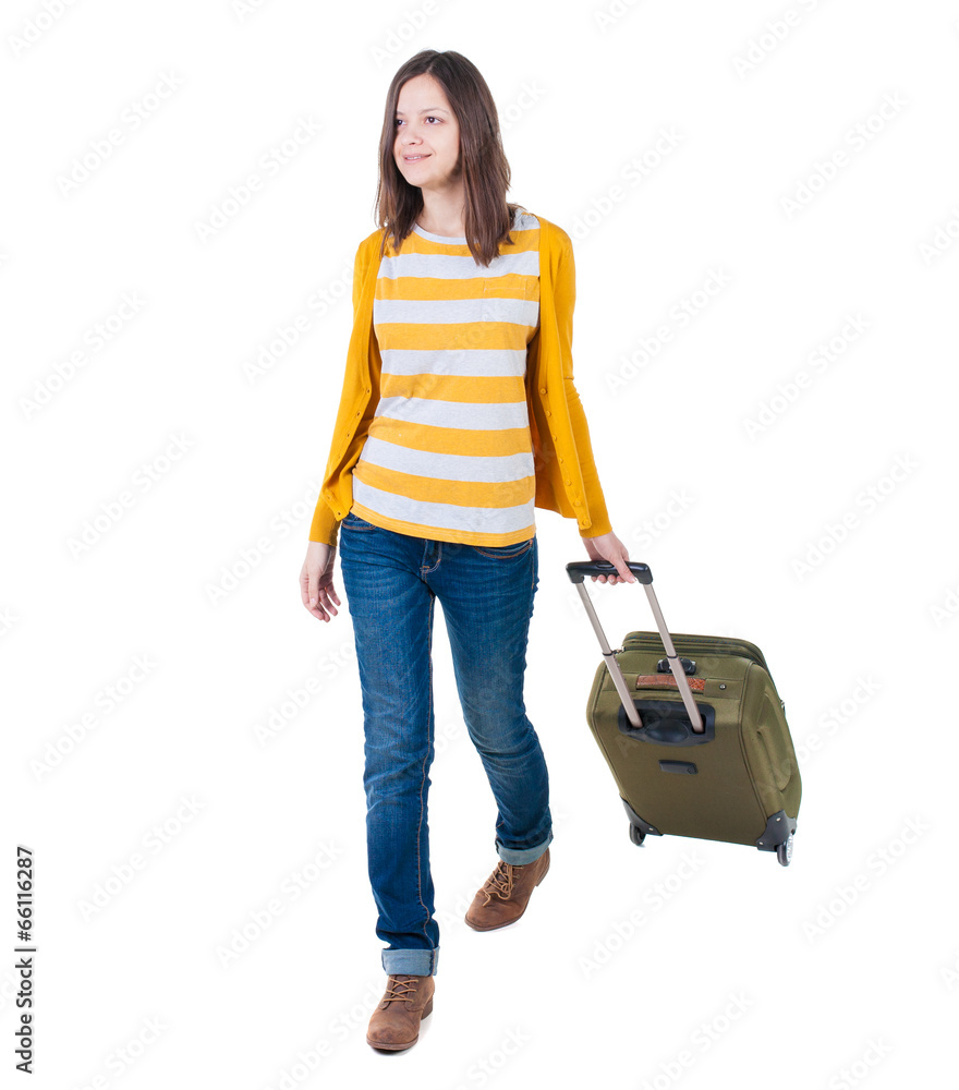 front view of walking woman with suitcase. front view of walking woman with suitcase.