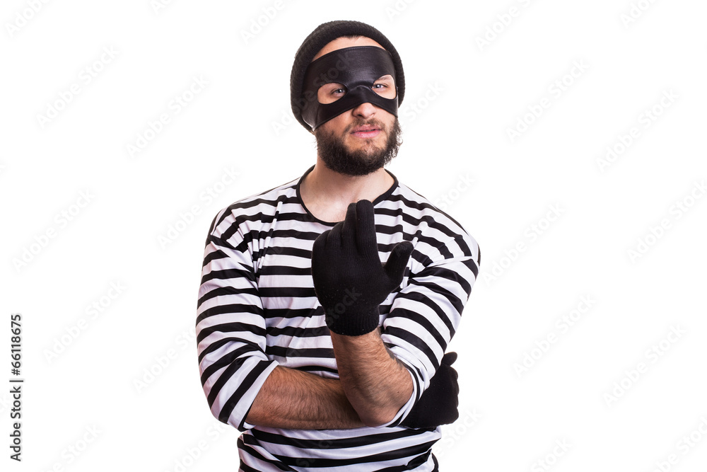 Crafty criminal inviting with hand Crafty criminal inviting with hand