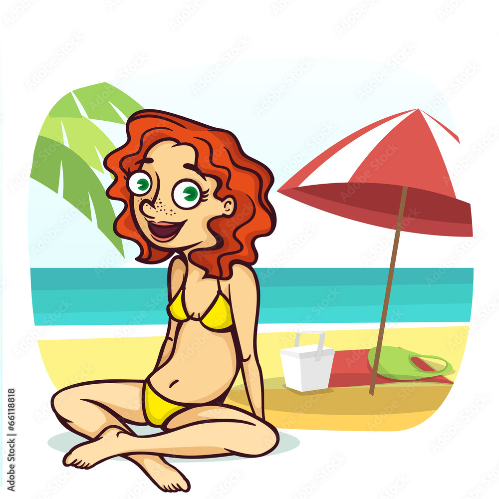 Cute beach girl wear yellow bikini