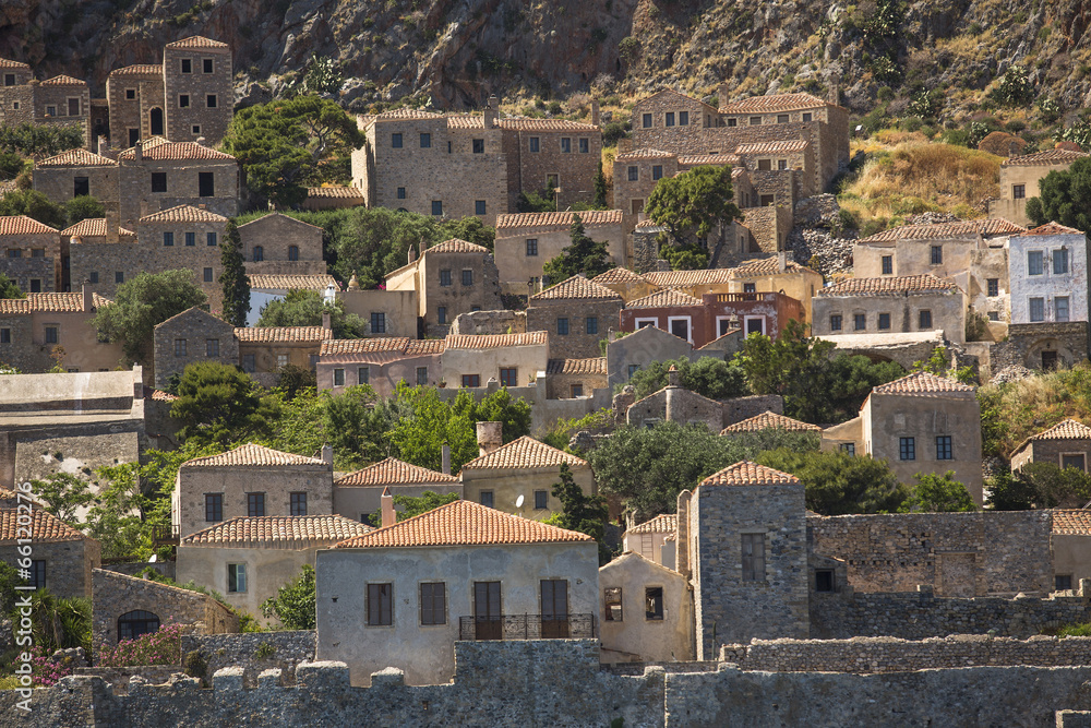 Monemvasia island traditional view of stone houses. Greece.