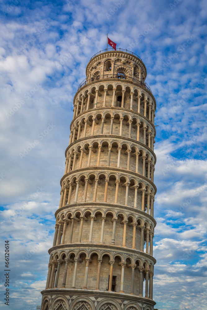 Leaning Tower of Pisa on blue sky background