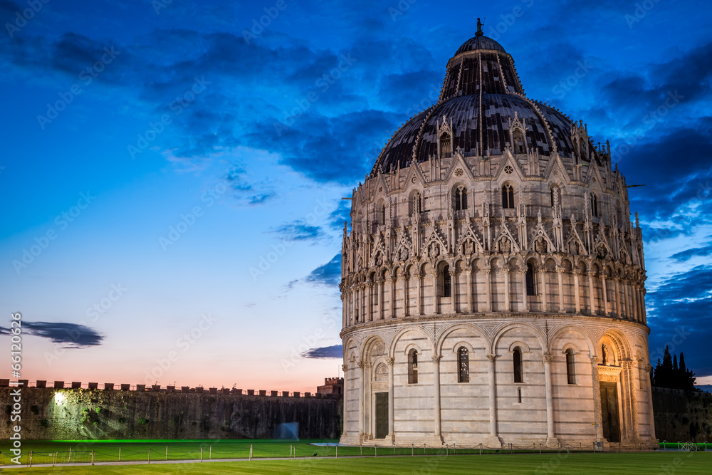 Ancient cathedral in Pisa at sunset