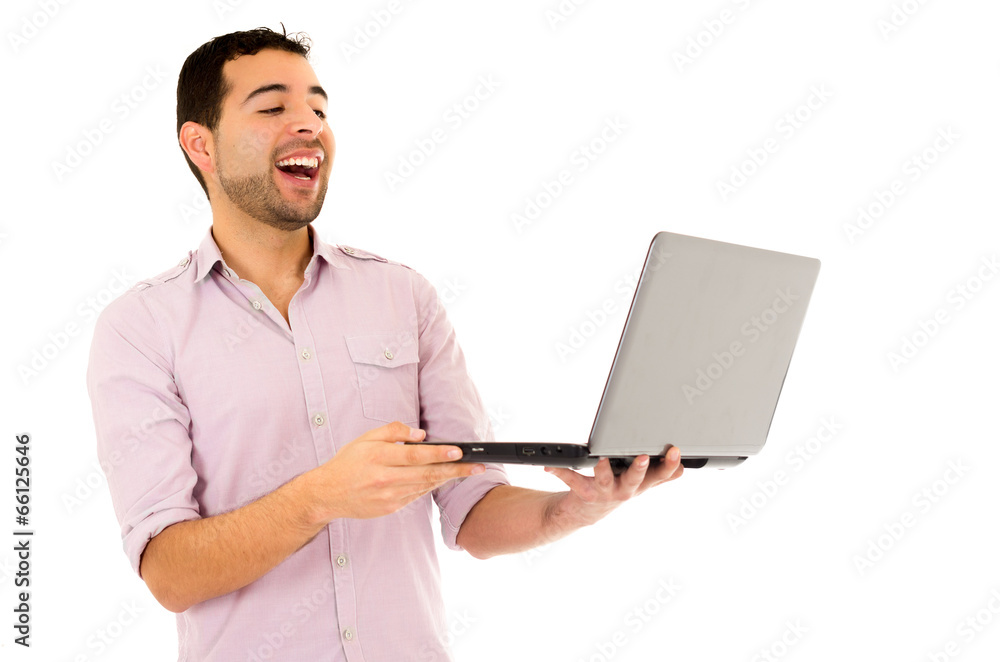 man happy with laptop standing man happy with laptop standing