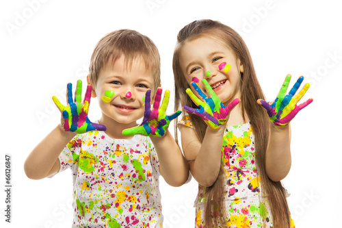 Little kids with hands painted in colorful paint #66126847