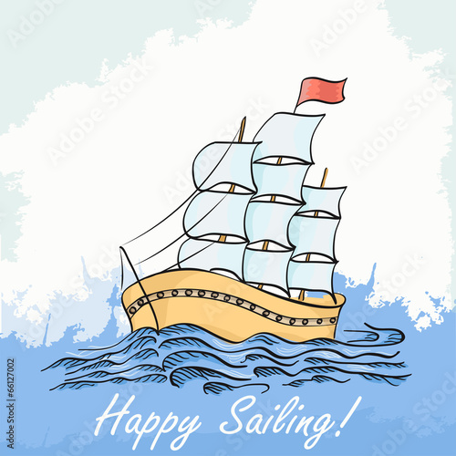 Vector illustration of a ship sailing on the sea. Hand drawing