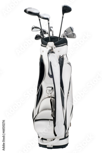 Golf clubs in white and black bag isolated on white background