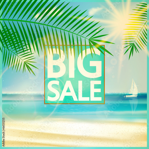 Final summer sale design template with beach.