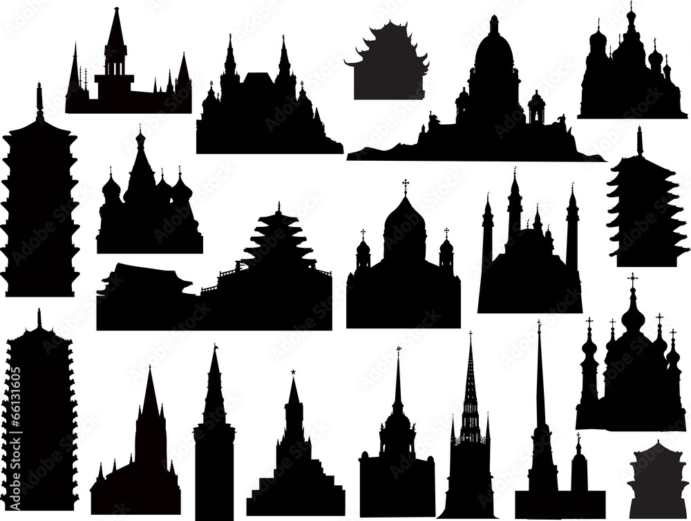 churches of different culturies collection  isolated on white