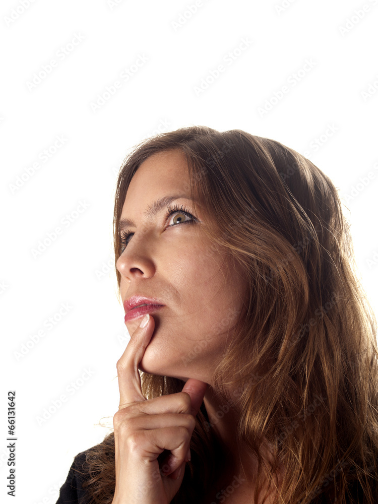 beautiful brunette looking up wondering about something beautiful brunette looking up wondering about something