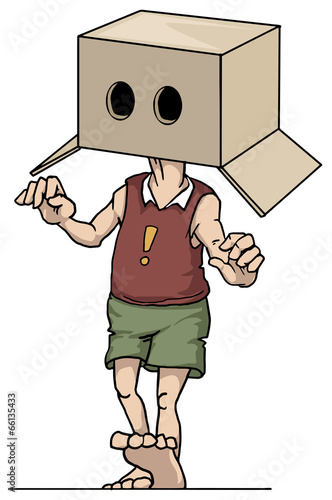 Man wearing a box with eye holes