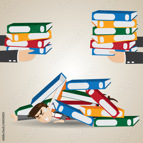 cartoon businessman under pile of folder