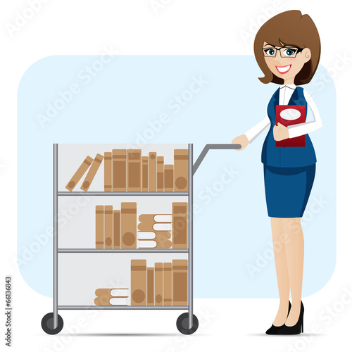 cartoon girl librarian with book trolley
