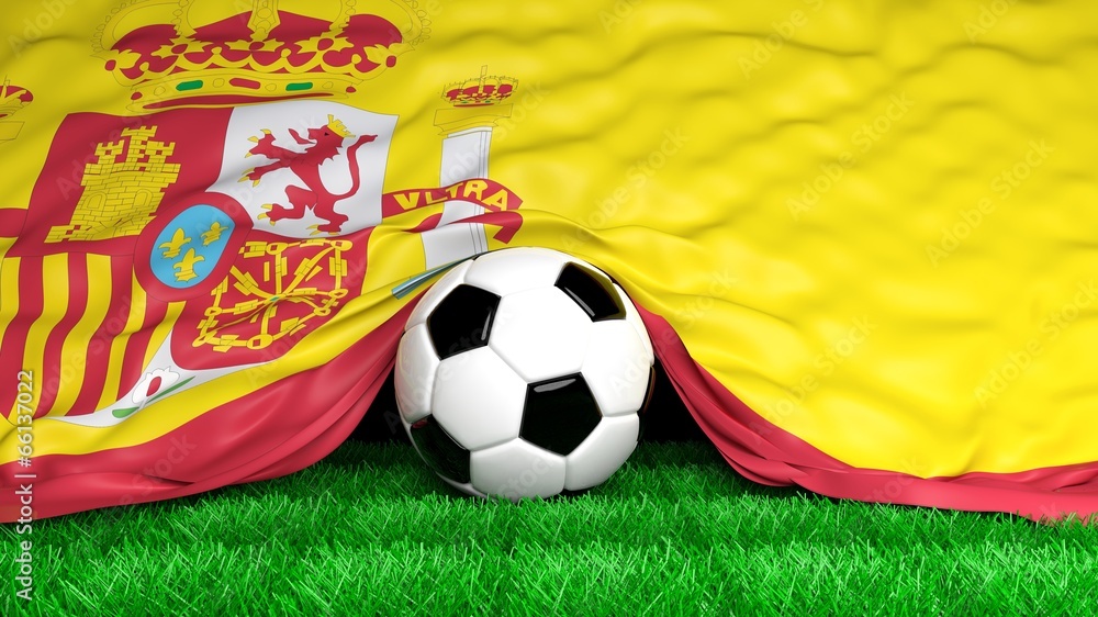 Soccer ball with Spanish flag on football field closeup - obrazy, fototapety, plakaty 