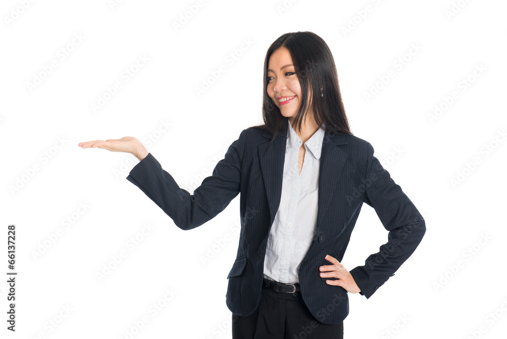 Asian business woman indicate blank space isolated Asian business woman indicate blank space isolated