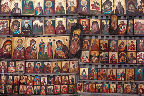 A wall of ancient icons