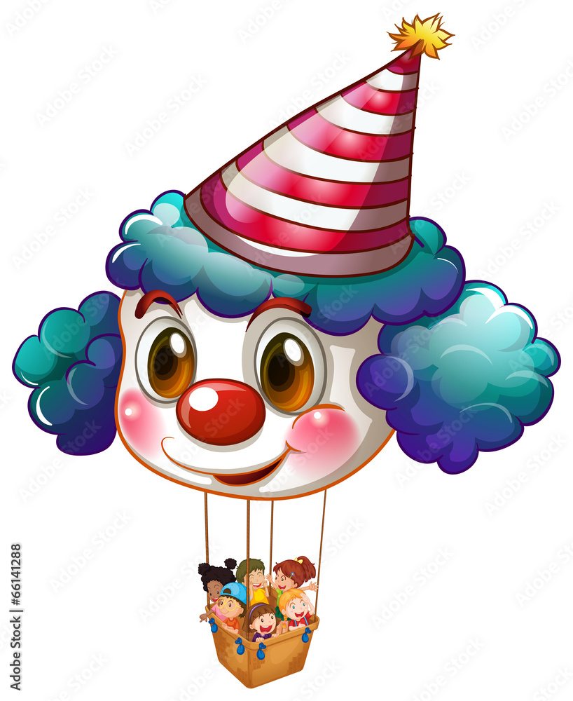 A big clown balloon with a basket full of kids A big clown balloon with a basket full of kids