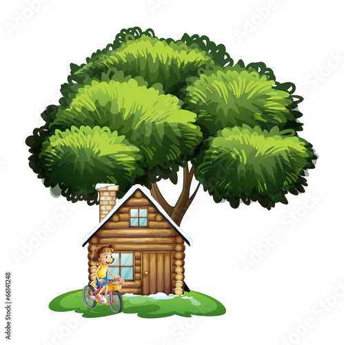 A young girl biking outside the house