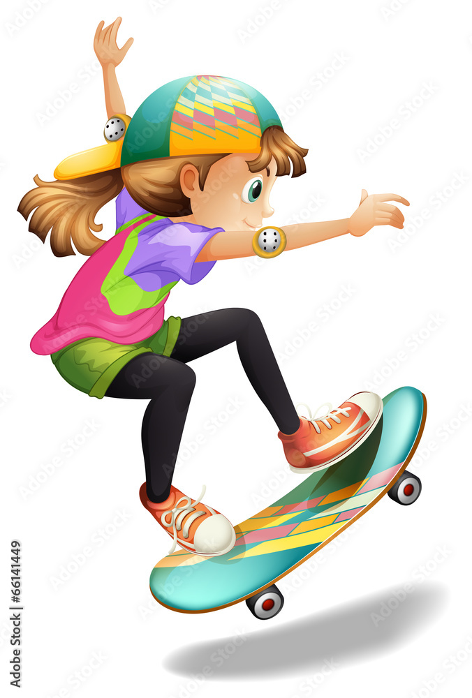 A lady with a colourful skateboard