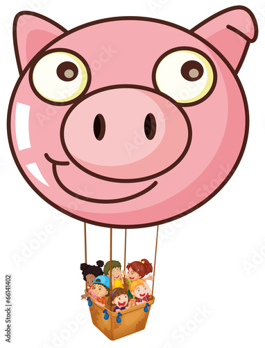 A pig balloon carrying a basket with kids