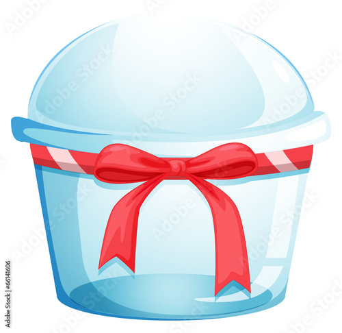 An empty disposable container with a red ribbon