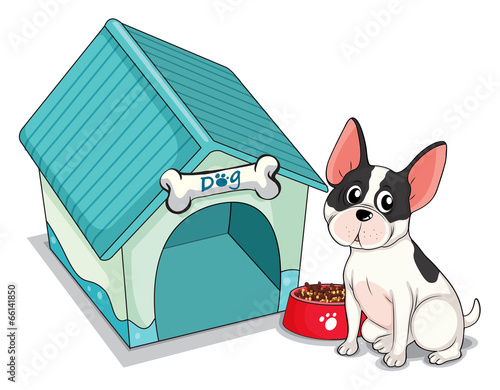 A dog sitting in front of the blue doghouse