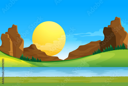 A view of the river under the blue sky with a sun
