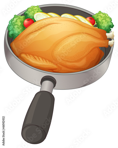 A pan with a fried chicken