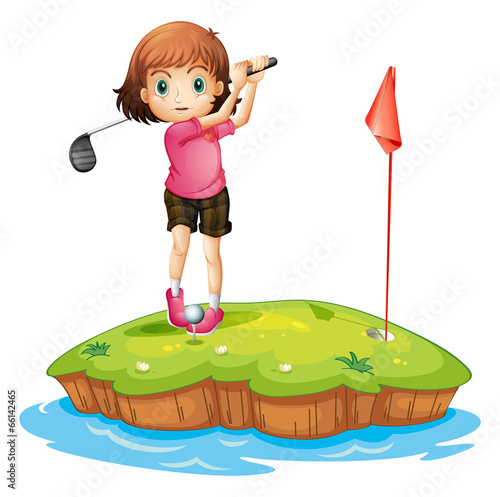 An island with a girl playing golf