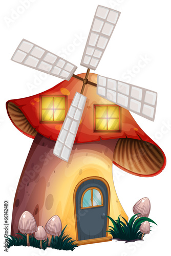 A mushroom house with a windmill