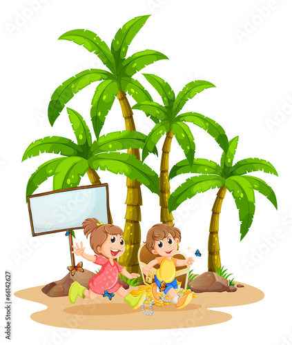 Two kids playing near the empty signboard