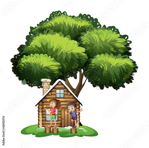 Kids playing outside the house under the tree