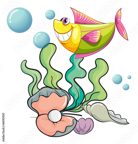 A smiling fish under the sea near the shells