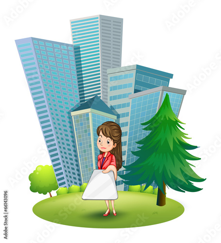 A woman outside the office