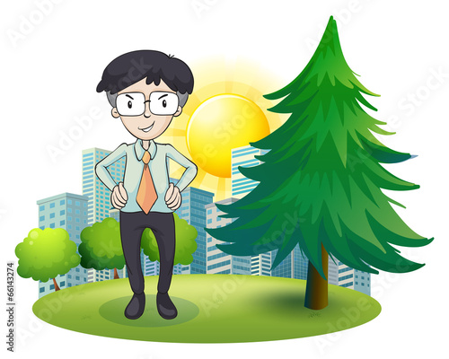 A man standing beside the pine tree