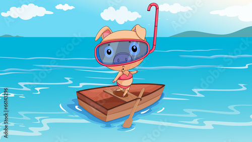A pig riding on a boat