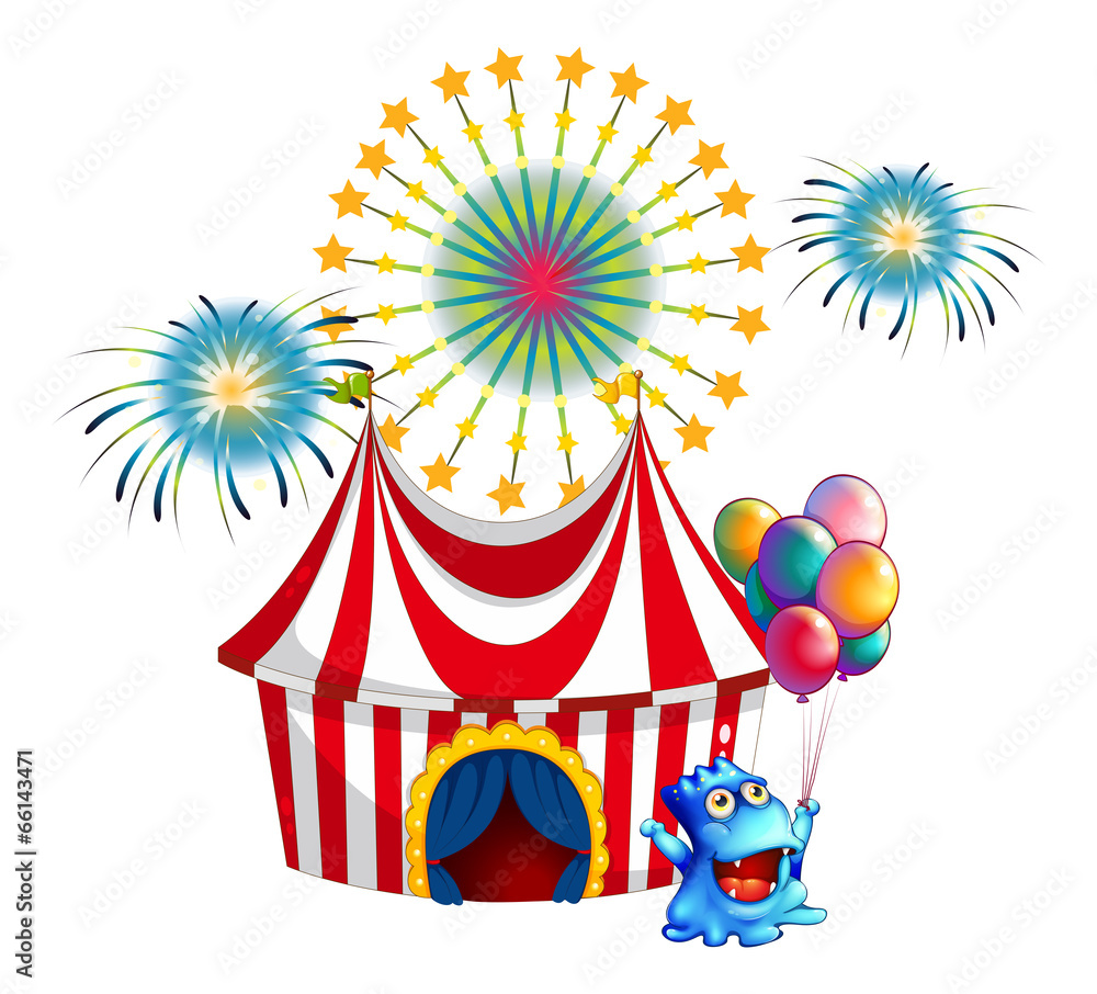 A circus tent with a monster in the front A circus tent with a monster in the front