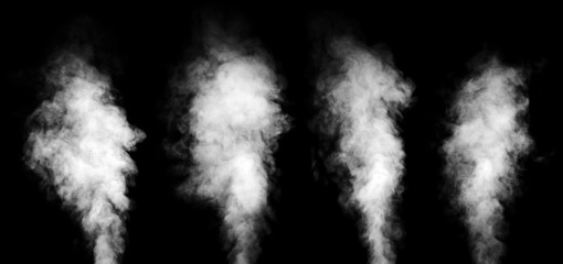 Set of real white steam isolated on black background with visible droplets.