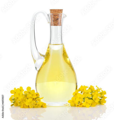 Rapeseed oil and flowers isolated over white.