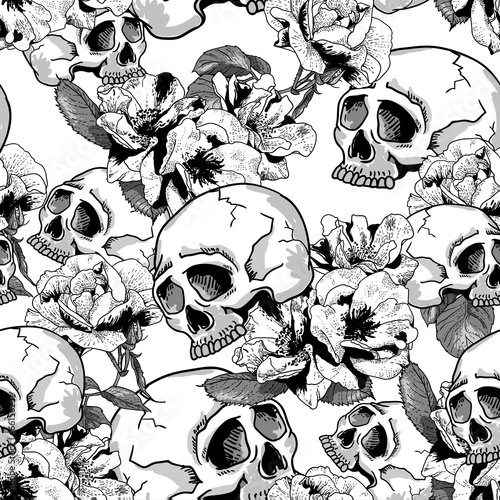 Skull and Flowers Seamless Background