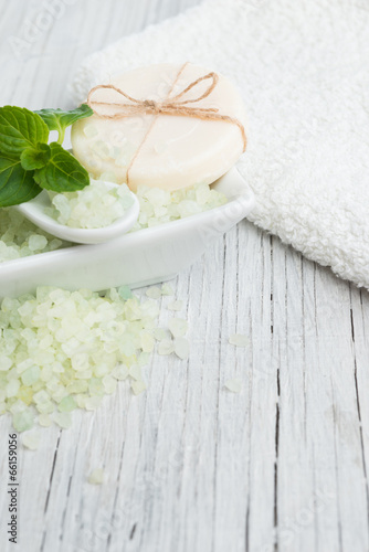 Natural soap with salt and mint herbs