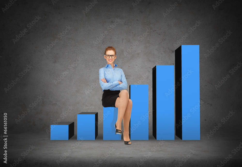 Fototapeta premium smiling businesswoman in glasses sitting on chart