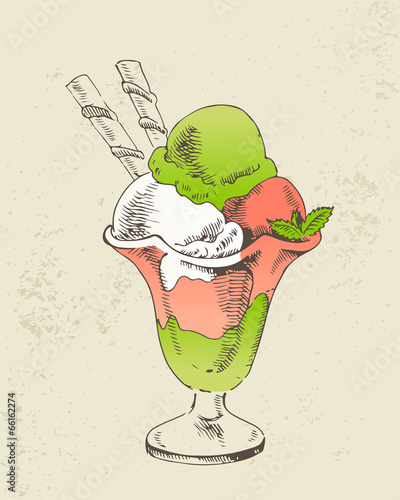 Vanilla ice cream with mint in cup on light background