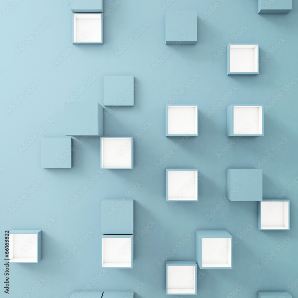 Blue Background, White and blue cubes in a random pattern Blue Background, White and blue cubes in a random pattern