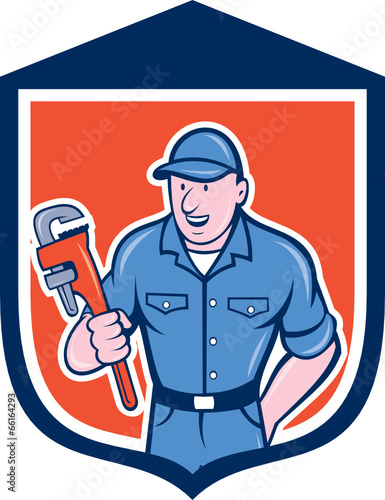 Plumber Holding Monkey Wrench Shield Cartoon