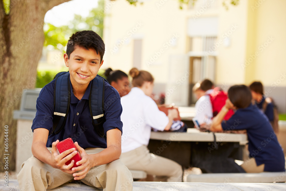 Male High School Student Using Phone On School Campus Male High School Student Using Phone On School Campus